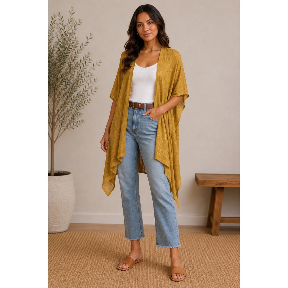 Free People Bohemian Sequin Day Dream Kimono Layering Gold Open Front Wrap OS